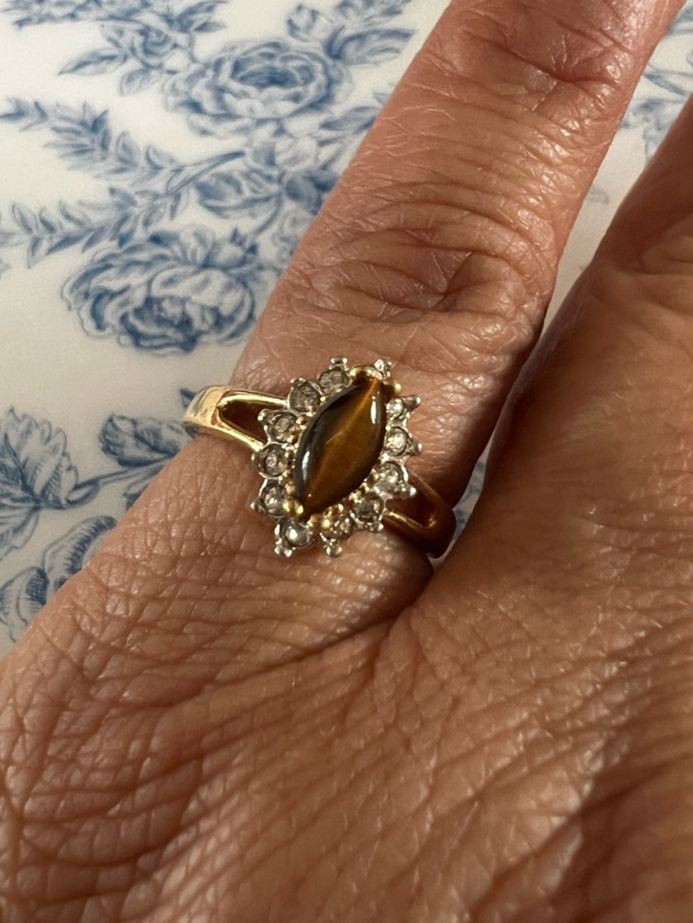 Gold Tone Tiger Eye Marquise Halo Ring 18K HGE Size 4.75 #4759